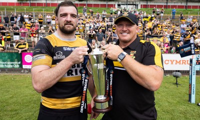 180525 - Ebbw Vale  v Newport RFC, Super Rygbi Cymru Grand Final - Newport captain Ben Roach and Newport RFC head coach Ty Morris with the Super Rygbi Cymru Trophy