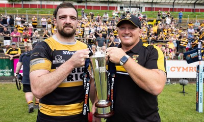 180525 - Ebbw Vale  v Newport RFC, Super Rygbi Cymru Grand Final - Newport captain Ben Roach and Newport RFC head coach Ty Morris with the Super Rygbi Cymru Trophy