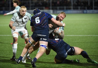 291125 - Edinburgh Rugby v Ospreys - United Rugby Championship - Ross Moriarty of Ospreys is crash tackled by Liam McConnell of Edinburgh and Paul Hill of Edinburgh (3)