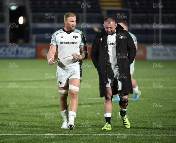 291125 - Edinburgh Rugby v Ospreys - United Rugby Championship - Ross Moriarty of Ospreys and Sam Parry of Ospreys leave the field dejected at the end of the match following a narrow 19-17 defeat