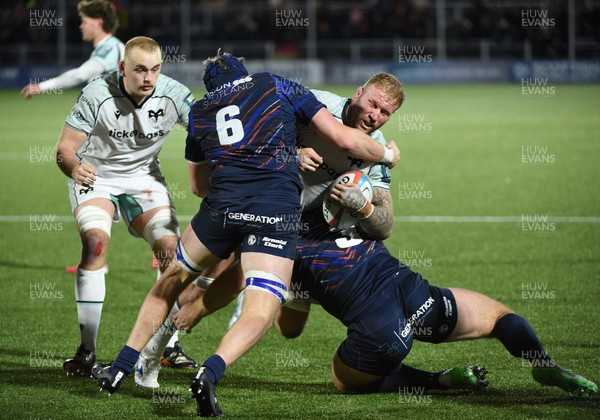 291125 - Edinburgh Rugby v Ospreys - United Rugby Championship - Ross Moriarty of Ospreys is crash tackled by Liam McConnell of Edinburgh and Paul Hill of Edinburgh (3)