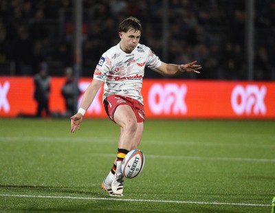 270226 - Edinburgh Rugby v Scarlets - United Rugby Championship - Carwyn Leggatt-Jones of Scarlets puts in a cross field kick