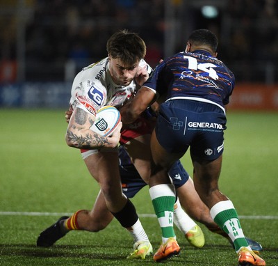 270226 - Edinburgh Rugby v Scarlets - United Rugby Championship - Joe Roberts of Scarlets takes on Malelili Satala of Edinburgh (14)