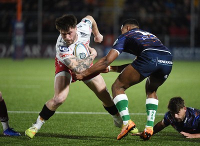 270226 - Edinburgh Rugby v Scarlets - United Rugby Championship - Joe Roberts of Scarlets takes on Malelili Satala of Edinburgh (14)