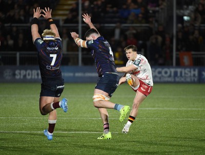 270226 - Edinburgh Rugby v Scarlets - United Rugby Championship - Carwyn Leggatt-Jones of Scarlets attempts a drop goal