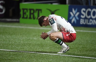 270226 - Edinburgh Rugby v Scarlets - United Rugby Championship - Gabe McDonald of Scarlets slumps to his knees at the final whistle following a 24-19 defeat