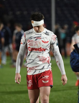 270226 - Edinburgh Rugby v Scarlets - United Rugby Championship - Joe Roberts of Scarlets leaves the field dejected following a 24-19 defeat