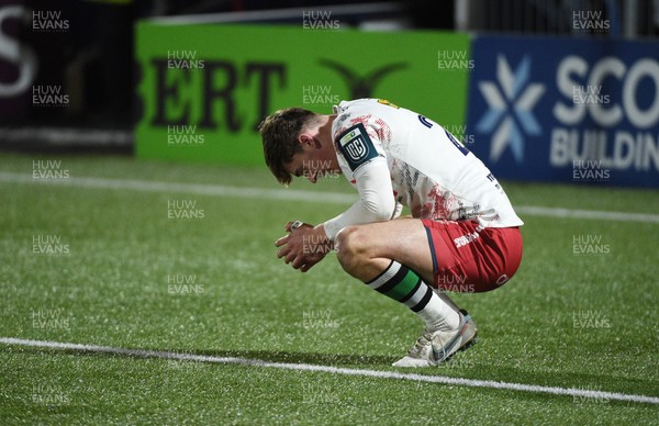 270226 - Edinburgh Rugby v Scarlets - United Rugby Championship - Gabe McDonald of Scarlets slumps to his knees at the final whistle following a 24-19 defeat