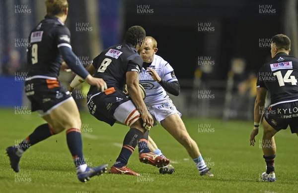 230219 - Edinburgh Rugby v Cardiff Blues - Guinness PRO14 -  Nathan Fowles, Viliame Mata and Damien Hoyland of Edinburgh and Dan Fish of Cardiff
