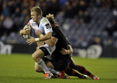 231114 - Edinburgh v Cardiff Blues - Guinness PRO12Cardiff fullback Gareth Anscombe is tackled by Edinburgh's David Denton and Andries Strauss(c) Huw Evans Picture Agency