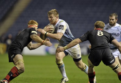 231114 - Edinburgh v Cardiff Blues - Guinness PRO12Edinburgh's David Denton and Roddy Grant tackle Cardiff's Macauley Cook(c) Huw Evans Picture Agency