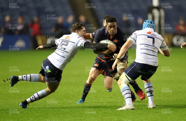 280220 - Edinburgh v Cardiff Blues - Guinness PRO14 -  Bill Mata of Edinburgh is tackled by Ben Thomas as he takes on Olly Robinson (7)