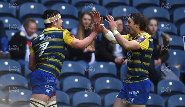310318 - Edinburgh v Cardiff Blues - European Rugby Challenge Cup - Ellis Jenkins of Cardiff Blues celebrates his try with Blaine Scully(right)