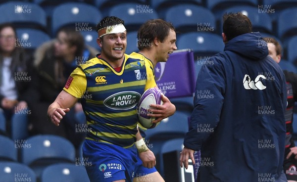 310318 - Edinburgh v Cardiff Blues - European Rugby Challenge Cup - Ellis Jenkins of Cardiff Blues celebrates his try