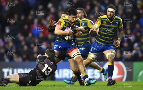 310318 - Edinburgh v Cardiff Blues - European Rugby Challenge Cup - Ellis Jenkins of Cardiff Blues is tackled by Mark Bennett and Rory Sutherland of Edinburgh