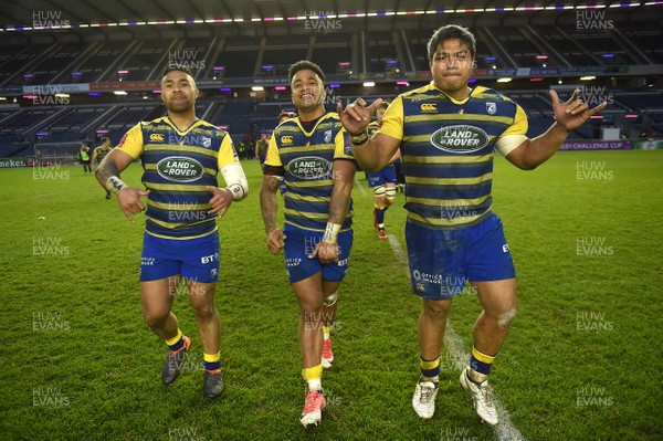 310318 - Edinburgh v Cardiff Blues - European Rugby Challenge Cup - Willis Halaholo, Rey Lee-Lo and Nick Williams of Cardiff Blues celebrate win