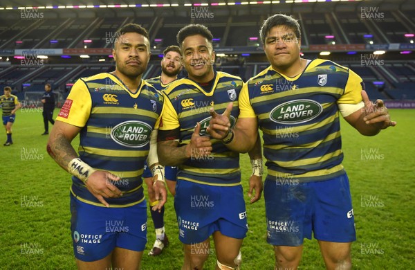 310318 - Edinburgh v Cardiff Blues - European Rugby Challenge Cup - Willis Halaholo, Rey Lee-Lo and Nick Williams of Cardiff Blues celebrate win