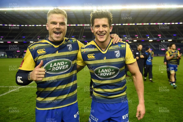 310318 - Edinburgh v Cardiff Blues - European Rugby Challenge Cup - Gareth Anscombe and Lloyd Williams of Cardiff Blues celebrate win