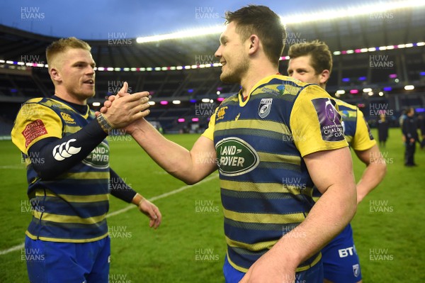 310318 - Edinburgh v Cardiff Blues - European Rugby Challenge Cup - Gareth Anscombe and Ellis Jenkins of Cardiff Blues celebrate win