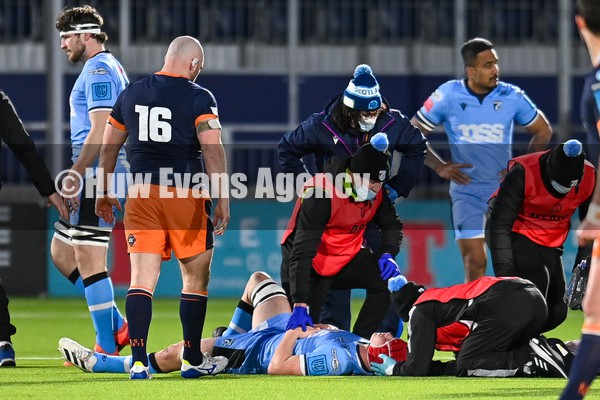 080122 - Edinburgh Rugby v Cardiff Rugby - United Rugby Championship - James Botham of Cardiff Rugby is treated for an injury