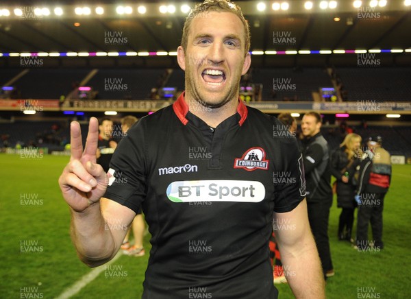 170415 Edinburgh Rugby v Dragons, European Challenge Cup Semi-Final -Mike Coman - Edinburgh captain is all smiles as he give a victory sign at the end of the game