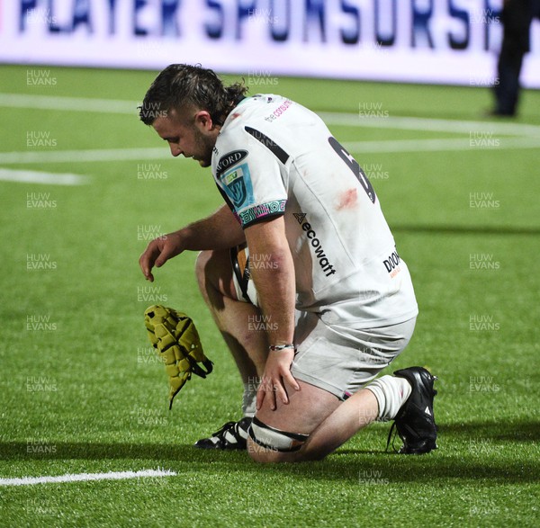010324 - Edinburgh v Ospreys - United Rugby Championship - Harri Deaves of Ospreys slumps to his knees at the final whistle following a 19-15 defeat
