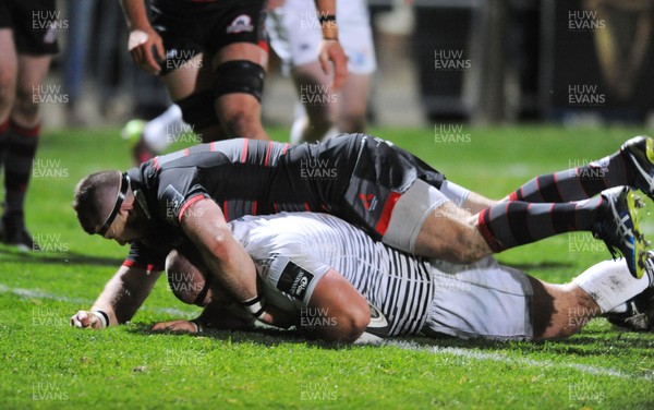 041117 - Edinburgh Rugby v Ospreys - Guinness PRO14 -  Dmitri Arhip of Ospreys crashes through the tackle of Rizzo Michelle to score the first try of the match