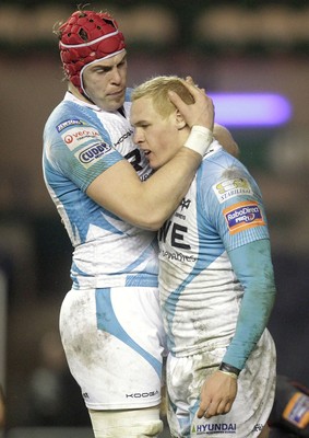 100212 - Edinburgh v Ospreys - RaboDirect Pro 12Ospreys' Hanno Dirksen is congratulated on scoring his sides 2nd try by team mate Alun Wyn Jones