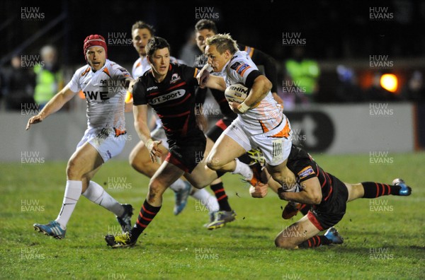 Hanno Dirkson - Ospreys winger is caught flying by Harry Leonard's dive tackleEdinburgh Rugby v Ospreys, RaboDirect Pro12, Meggetland, Edinburgh, Scotland, Friday 28 February 2014(c) Huw Evans Agency