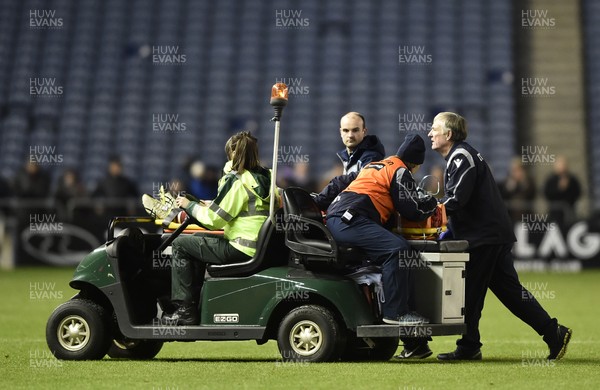 021118 - Edinburgh v Scarlets - Guinness PRO14 -  Blake Thomson of Scarlets leaves the field injured