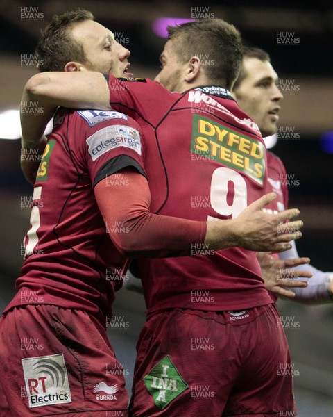 08.01.11 - Edinburgh v Scarlets, Magners League -  Scarlets' Morgan Stoddart (L) celebrates  scoring his try with Tavis Knoyle against Edinburgh 