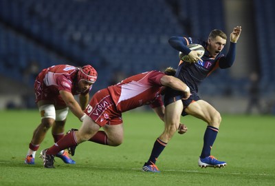 261019 - Edinburgh Rugby v Scarlets - Guinness PRO14 -  Juandre Kruger of Scarlets, Samson Lee of Scarlets and Mark Bennett of Edinburgh