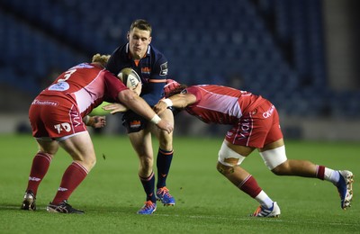 261019 - Edinburgh Rugby v Scarlets - Guinness PRO14 -  Samson Lee of Scarlets, Mark Bennett of Edinburgh and Juandre Kruger of Scarlets 