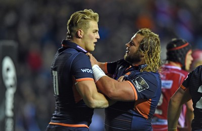 261019 - Edinburgh Rugby v Scarlets - Guinness PRO14 -  Pierre Schoeman of Edinburgh congratulates Duhan van der Merwe of Edinburgh on his 2nd try