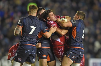 261019 - Edinburgh Rugby v Scarlets - Guinness PRO14 -  Luke Crosbie of Edinburgh, Matt Scott of Edinburgh , Kieron Fonotia of Scarlets and Mike Willemse of Edinburgh