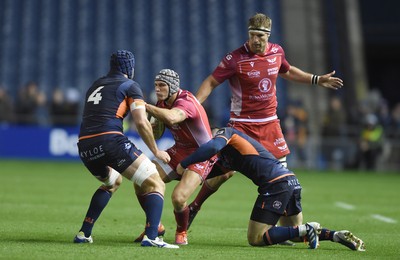 261019 - Edinburgh Rugby v Scarlets - Guinness PRO14 -  Fraser McKenzie of Edinburgh, Tom James of Scarlets, Blair Kinghorn of Edinburgh and Phil Price of Scarlets