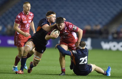 261019 - Edinburgh Rugby v Scarlets - Guinness PRO14 -  Nick Haining of Edinburgh, Kieron Fonotia of Scarlets and George Taylor of Edinburgh