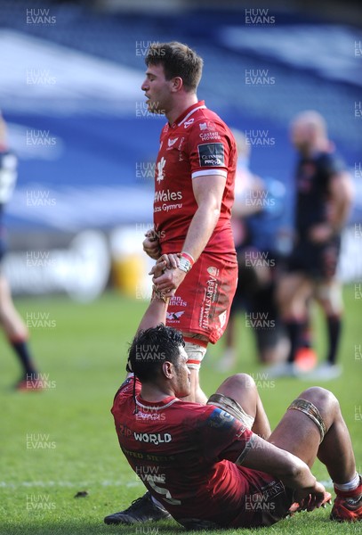 270221 - Edinburgh Rugby v Scarlets - Guinness PRO14 - Sam Lousi of Scarlets is exhausted at the final whistle