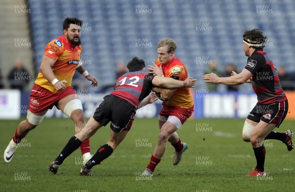 280216 -  Edinburgh v Scarlets  - Guinness PRO12, Murrayfield Stadium, EdinburghEdinburgh's Sam Beard and Scarlets Aled Davies