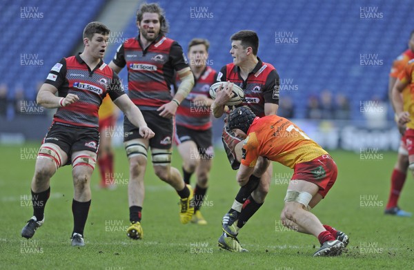 280216 -  Edinburgh v Scarlets  - Guinness PRO12, Murrayfield Stadium, EdinburghScarlets James Davies tackles Edinburgh's Blair Kinghorn