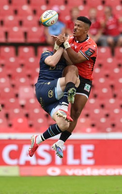 280326 - Fidelity SecureDrive Lions v Dragons RFC, United Rugby Championship - Angelo Davids of Lions and  Angus O'Brien of Dragons compete for the ball