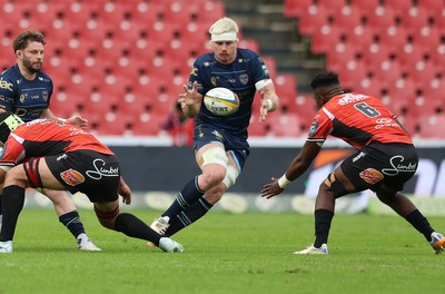 280326 - Fidelity SecureDrive Lions v Dragons RFC, United Rugby Championship - Aaron Wainwright of Dragons RFC takes on Siba Mahashe of Lions