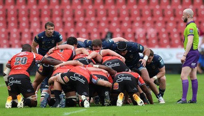 280326 - Fidelity SecureDrive Lions v Dragons RFC, United Rugby Championship - The teams scrum down during the match