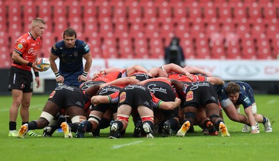 280326 - Fidelity SecureDrive Lions v Dragons RFC, United Rugby Championship - The teams scrum down during the match