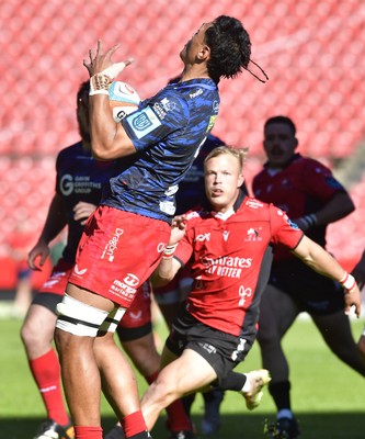 110525 - Emirates Lions v Scarlets - United Rugby Championship -  Sam Lousi of Scarlets with the ball
