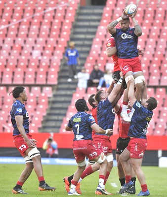 110525 - Emirates Lions v Scarlets - United Rugby Championship -  Sam Lousi of Scarlets wins possession