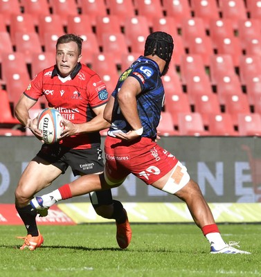 110525 - Emirates Lions v Scarlets - United Rugby Championship -  Kade Wolhuter of the Lions with the ball