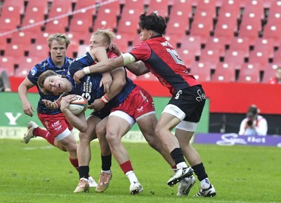 110525 - Emirates Lions v Scarlets - United Rugby Championship - Ellis Mee of Scarlets with the ball