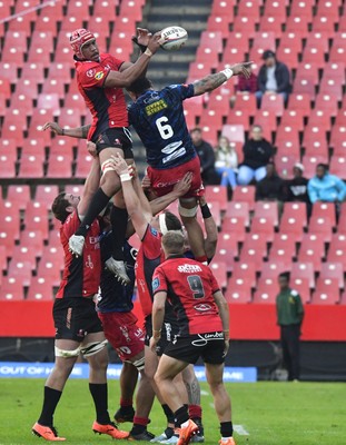 110525 - Emirates Lions v Scarlets - United Rugby Championship - Darrien Landsberg of the Lions wins possession