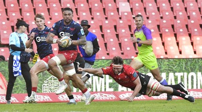 110525 - Emirates Lions v Scarlets - United Rugby Championship - Vaea Fifita of Scarlets with the ball